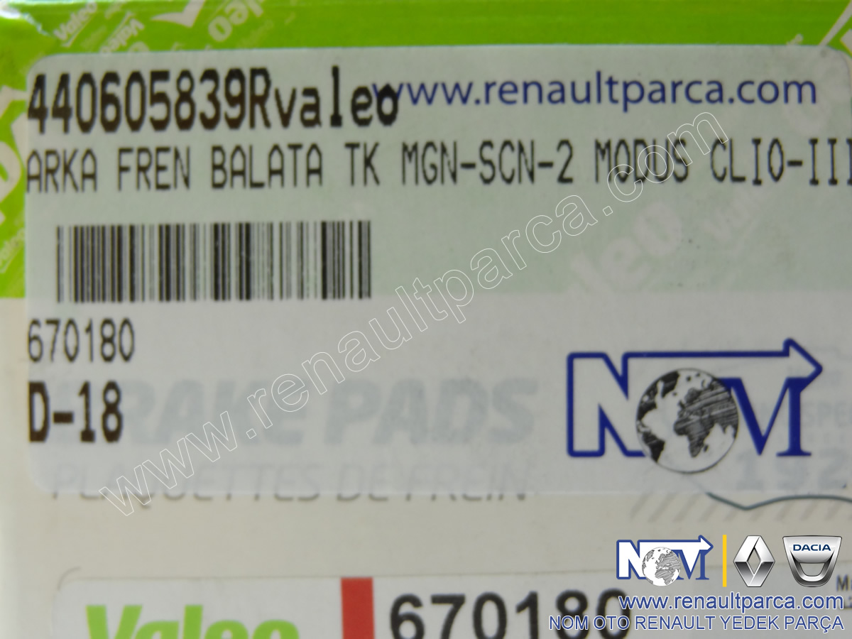 Arka Fren Balatası Megane Scenic 2 Modus Clio 3  Valeo 440605839R