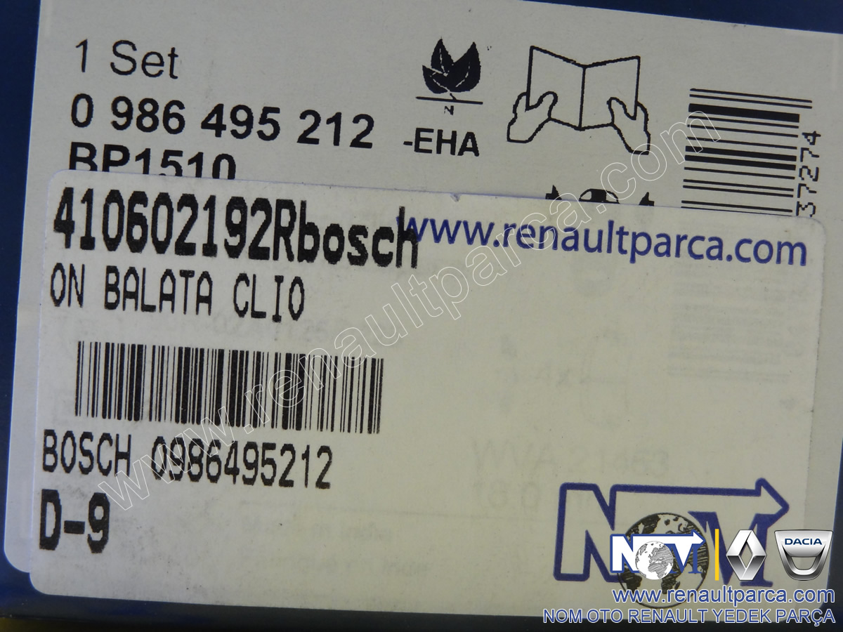 Ön Balata Takımı Clio 2  Symbol Thalia - Logan - Sandero Bosch 410602192R
